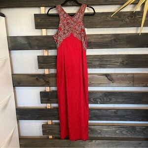 Vintage Laurence Kazar red v neck beaded maxi dress